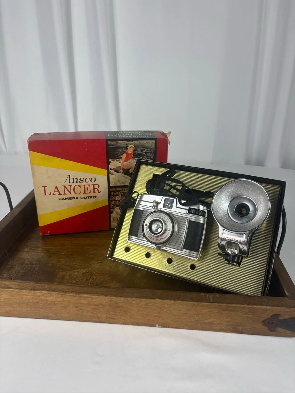 Vintage Ansco Lancer Camera Outfit w/ Flash & Original Box Untested 1950s
